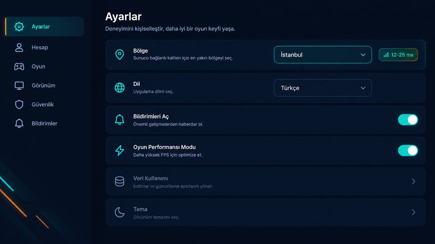 Betrupi ayarlar menüsünde İstanbul bölgesinin seçili olduğu ve dil seçeneğinin Türkçe gösterildiği ekran