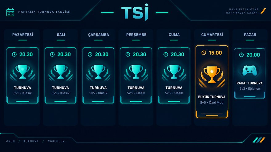 Türkiye saatine göre hafta içi 20.30, cumartesi 15.00 ve pazar 20.00 etkinliklerini gösteren haftalık takvim ekranı