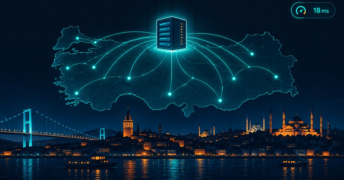 İstanbul silüeti üzerinde sunucu düğümünden Türkiye'nin dört bir yanına uzanan bağlantı çizgileri ve düşük ping göstergesi