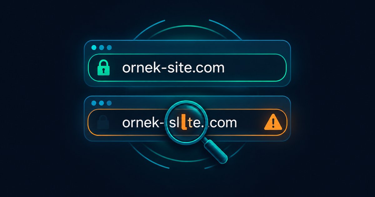 Büyüteç altında incelenen iki benzer adres çubuğu; birinde harf farkı kırmızıyla işaretlenmiş