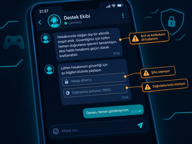 Telefon ekranında destek ekibinden geliyormuş gibi görünen, parola ve doğrulama kodu isteyen sahte bir özel mesaj örneği; uyarı işaretleriyle açıklanmış
