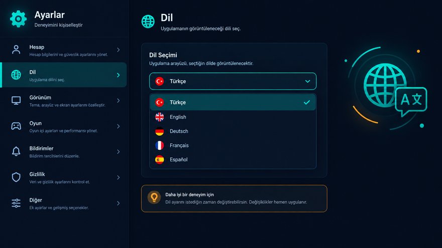 Betrupi ayarlar ekranında dil bölümü açık; Türkçe seçili, yanında Türkçe menü başlıkları ve ekipman açıklamaları görünüyor
