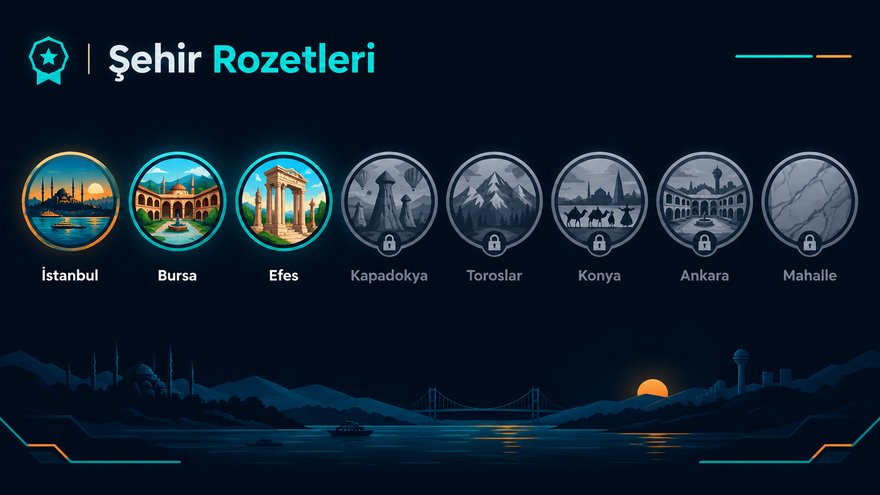 İstanbul, Ankara, Efes, Kapadokya, Toroslar, Konya, Bursa ve Mahalle şehir rozetlerinin yan yana dizildiği rozet koleksiyonu ekranı